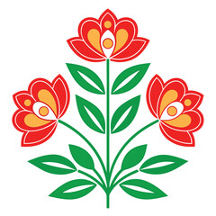 Vibrant Floral: Three Blossoms Arrangement with Stylized Leaves - Traditional Decorative Ornament Vector