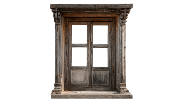 Old Wooden Window Frame with Decorative Carvings Aged Exterior Architecture