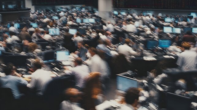 A bustling trading floor filled with professionals actively engaged with computer screens and data displays creating a dynamic and intense atmosphere
