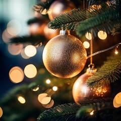 Tight frame on pine needles interspersed with gleaming decorations and luminous strands