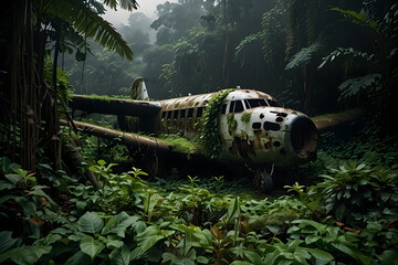 From a slightly further perspective, this image captures the front and mid-section of a derelict airplane fuselage lying deep within a vibrant, overgrown jungle. The metal exterior is severely rusted 