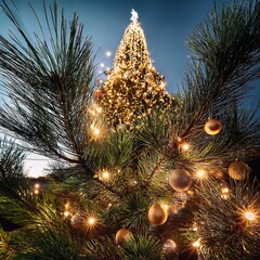 Tight frame on pine needles interspersed with gleaming decorations and luminous strands