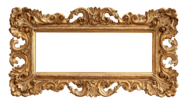 Ornate Gold Rectangle Frame Isolated on Transparent Backdrop Art and Decor Elegance