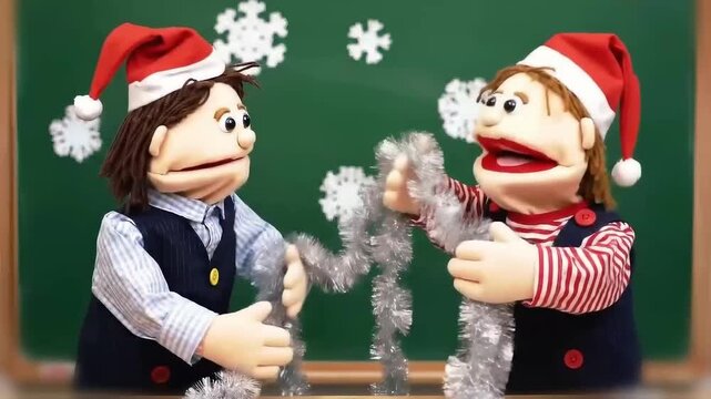 school puppet scene of kids pinning snowflakes and stringing tinsel across a chalkboard in a handmade warm classroom celebration