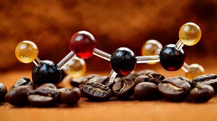 Molecular model of caffeine coffee beans on a burnt orange backdrop