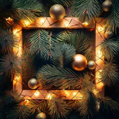 Tight frame on pine needles interspersed with gleaming decorations and luminous strands