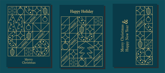 Geometric Line Art Christmas and New Year Holiday Cards Set. Christmas decorations pattern, blue greeting card background