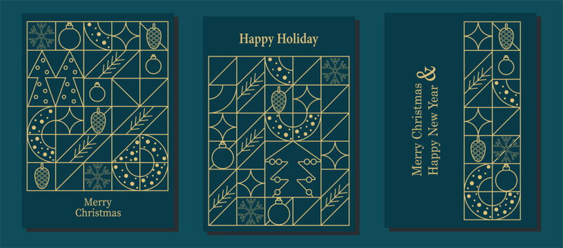 Geometric Line Art Christmas and New Year Holiday Cards Set. Christmas decorations pattern, blue greeting card background