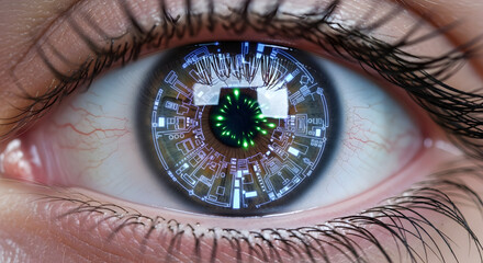 Close up of a human eye with a futuristic digital interface overlayed on the iris and pupil area