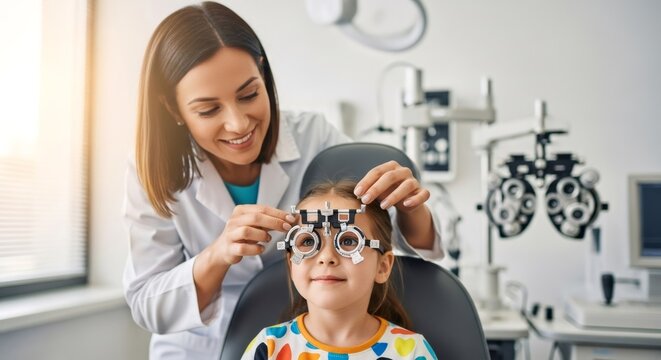 Woman ophthalmologist examining little girl eye sight with trial frame. Pediatric vision test and optical correction concept. Healthcare clinic.