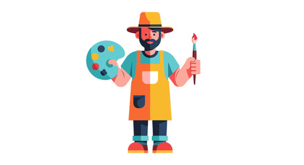 Artistic Expression: A Painter in an Apron Holding Palette and Brush for Design