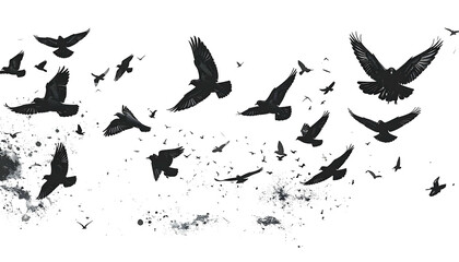 Silhouetted flock of dark birds in flight over an abstract, misty, nebulous cloud