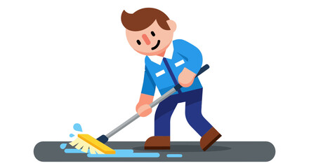 Obraz premium Cartoon Cleaner Sweeping Water Cleanliness Concept for Hygiene and Professionalism