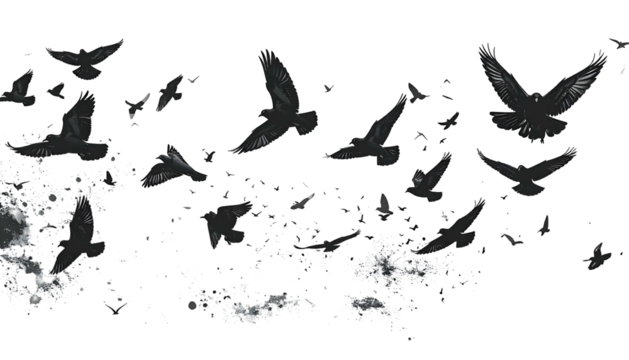 Silhouetted flock of dark birds in flight over an abstract, misty, nebulous cloud