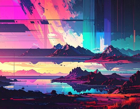 Psychedelic digital painting showing abstract landscape with mountains - Powered by Adobe