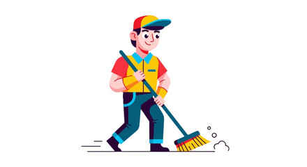 Cartoon Janitor Sweeping Vector Illustration Against a Stark Black Backdrop for Design