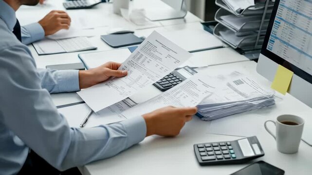 A team analyzes documents, working on computers with calculators and paper on a bright table