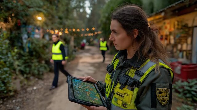 During the day, a security guard checks patrol routes on a computerized map to make sure all safety precautions are taken for regular daytime rounds.