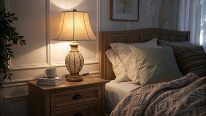 Cozy bedroom scene with warm lamp light enhancing a relaxing evening atmosphere perfect for lifestyle blogs, home decor, and peaceful mindfulness resources