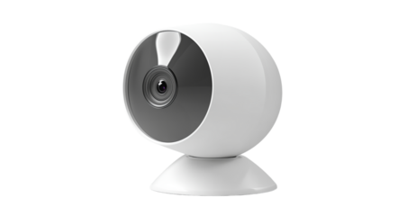The security camera sits on a white surface in a modern indoor setting