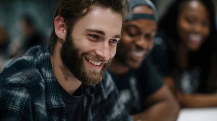 Obraz premium A diverse group of colleagues enthusiastically collaborating and sharing ideas while smiling and laughing during a meeting