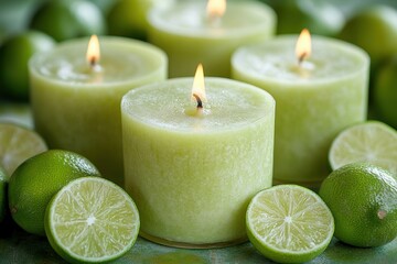 Green candles on background of limes. Decorative candle with citrus aroma.
