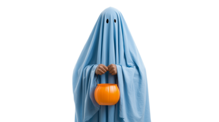 Child dressed as a ghost holding an orange candy bowl during Halloween festivities at home Generative AI