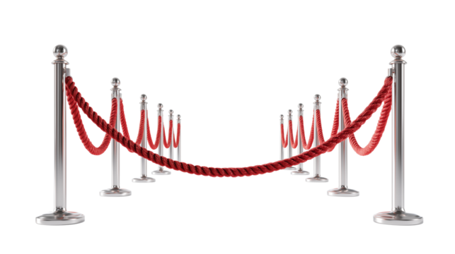 Elegant red rope barriers guide guests at a formal event in a spacious venue with polished floors and bright lighting Generative AI - Powered by Adobe