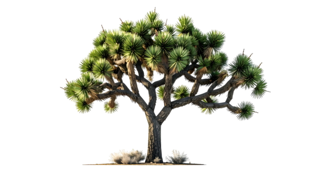 A large tree with spiky green foliage and a thick, dark trunk, isolated on black