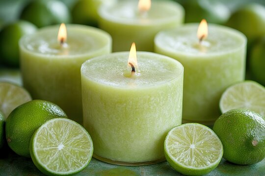 Green candles on background of limes. Decorative candle with citrus aroma.