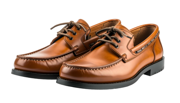 Pair of brown leather boat shoes on a solid black background. Side view, detailed