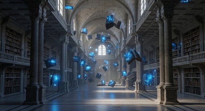 Mystical library with floating glowing books and arched architecture
