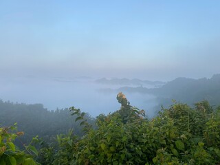 Rainforest ecosystem and healthy environment concept.hills with beautiful clouds in the morning. Summer Mountain with green plants and clouds in the sky. wooden hut on Mountain. Texture of green tree.