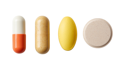 Different types of dietary supplements in various shapes and colors arranged on a clean surface in a well-lit setting Generative AI