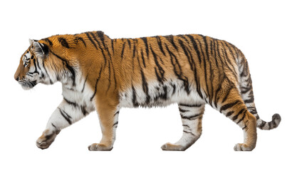 Fototapeta premium Tiger walking gracefully across a plain background with striking orange and black stripes Generative AI