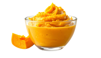 A clear glass bowl overflowing with vibrant orange puree and a pumpkin slice