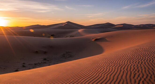 Golden sunset over vast sand dunes in the desert landscape - Powered by Adobe