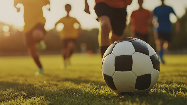 A soccer ball sits in the foreground as a group of players run drills during a golden sunset practice on a grassy field, embodying teamwork and fitness.