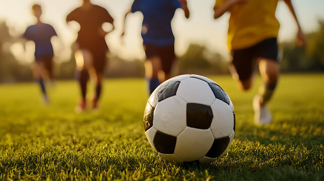 Soccer ball on the field with children playing in the background. Team sports enhance physical fitness and teamwork skills among youth. Practice drills for a competitive edge. - Powered by Adobe