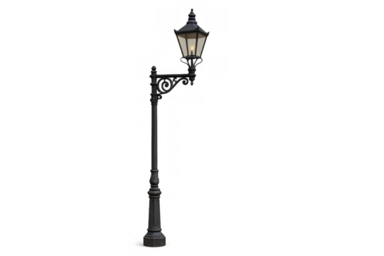 Vintage style cast iron lamppost illuminating at night, classic street lighting design providing old world charm, transparent background