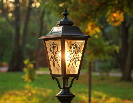 Ornamental lantern in a park, sunlight shining through glass