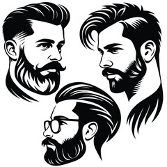 Three diverse men showcase stylish beards and hairstyles in this striking black artwork