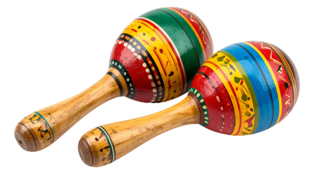Two colorful, patterned percussion instruments, wooden handles, isolated on black background