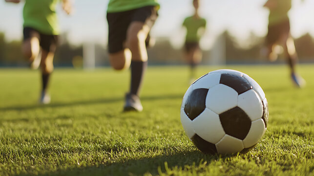 Youth soccer training in action! A close-up of a soccer ball on the grass with children practicing drills in the background on a sunny day. Focus, teamwork, and fun in sports.