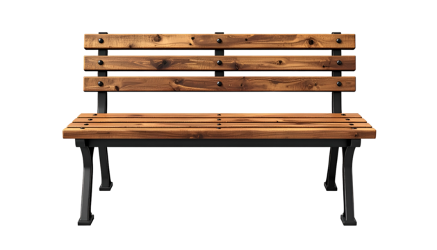 A frontal view of a wooden park bench with a black metal frame, isolated on a black background