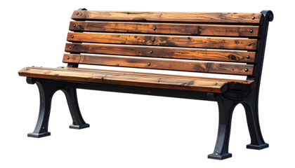 Isolated image of a park bench with a wooden seat and a cast iron frame, rendered artfully
