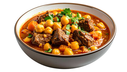 Close-up shot of a hearty stew in a white bowl.  Chunks of meat, chickpeas, & carrots