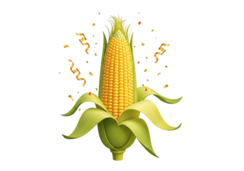 A ripe ear of corn with green husks and golden confetti isolated on transparent background