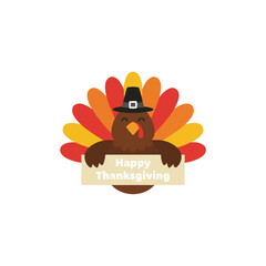 Happy Thanksgiving Cute Turkey Bird Cartoon Flat Vector Icon