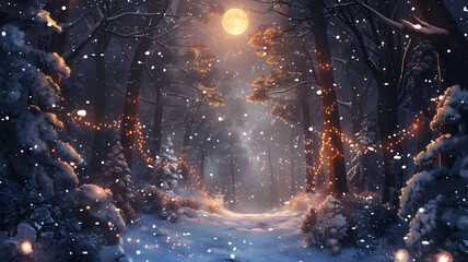 Magical snowy forest path illuminated by fairy lights and warm lantern glow